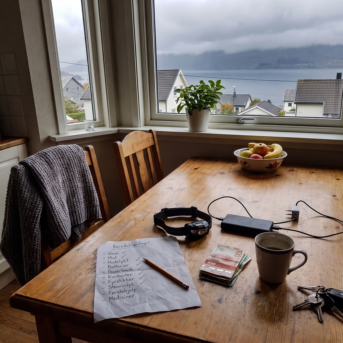 Kjøkkenbord ved vinduet med en håndskrevet liste over beredskapslageret, hodelykt, powerbank og norske sedler