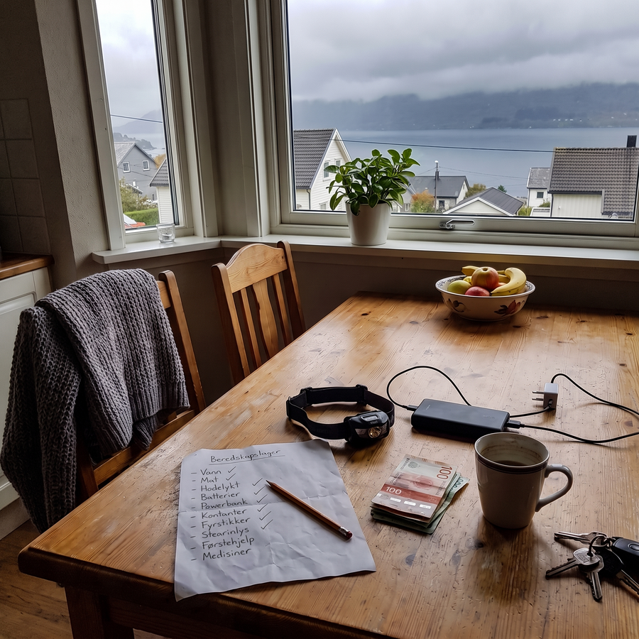 Kjøkkenbord ved vinduet med en håndskrevet liste over beredskapslageret, hodelykt, powerbank og norske sedler