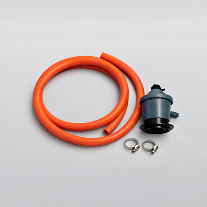 Gassregulator, oransje gasslange på 1,1 meter og to slangeklemmer