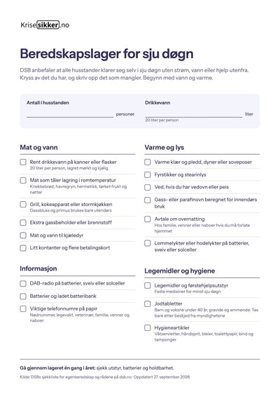 Sjekkliste for beredskapslager, én A4-side